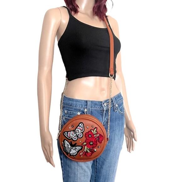 Olivia Miller Embroidered Patches Crossbody Bag Round Brown Floral Butterfly - Picture 12 of 12